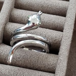 Silver tone snake serpent ring green crystal eyes size 7